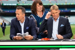 MELBOURNE, AUSTRALIA - DECEMBER 26: Shane Warne with his commentary team during day one of the Second Test match in the series between Australia and New Zealand at The Melbourne Cricket Ground on December 26, 2019 in Melbourne, Australia. (Photo by Speed Media/Icon Sportswire)