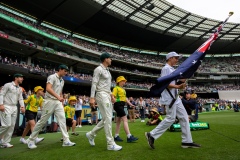 MELBOURNE, AUSTRALIA - DECEMBER 26: The Australian team walks out to the field during day one of the Second Test match in the series between Australia and New Zealand at The Melbourne Cricket Ground on December 26, 2019 in Melbourne, Australia. (Photo by Speed Media/Icon Sportswire)