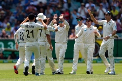 MELBOURNE, AUSTRALIA - DECEMBER 27: New Zealand team celebrates catching Steve Smith of Australia out during day two of the Second Test match in the series between Australia and New Zealand at The Melbourne Cricket Ground on December 27, 2019 in Melbourne, Australia. (Photo by Speed Media/Icon Sportswire)