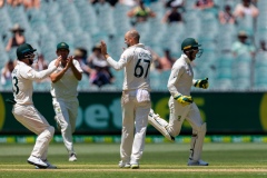MELBOURNE, AUSTRALIA - DECEMBER 29: Aussie celebrations as Henry Nicholls of New Zealand gets out during day four of the Second Test match in the series between Australia and New Zealand at The Melbourne Cricket Ground on December 29, 2019 in Melbourne, Australia. (Photo by Speed Media/Icon Sportswire)