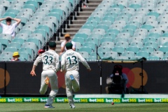 MELBOURNE, AUSTRALIA - DECEMBER 29: Matthew Wade of Australia and Marnus Labuschagne of Australia fields the ball  during day four of the Second Test match in the series between Australia and New Zealand at The Melbourne Cricket Ground on December 29, 2019 in Melbourne, Australia. (Photo by Speed Media/Icon Sportswire)