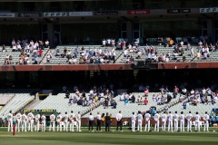 MELBOURNE, AUSTRALIA - DECEMBER 26: The players are seen standing for the National Anthems during day one of the Second Vodafone Test cricket match between Australia and India at the Melbourne Cricket Ground on December 26, 2020 in Melbourne, Australia. (Photo by Dave Hewison/Speed Media/Icon Sportswire)