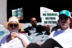 MELBOURNE, AUSTRALIA - DECEMBER 26: Protesters held signs up supporting Indian farmers during day one of the Second Vodafone Test cricket match between Australia and India at the Melbourne Cricket Ground on December 26, 2020 in Melbourne, Australia. (Photo by Dave Hewison/Speed Media/Icon Sportswire)