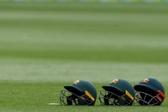 MELBOURNE, AUSTRALIA - DECEMBER 27: Australian Helmets lay on the field during day two of the Second Vodafone Test cricket match between Australia and India at the Melbourne Cricket Ground on December 27, 2020 in Melbourne, Australia. (Photo by Dave Hewison/Speed Media/Icon Sportswire)