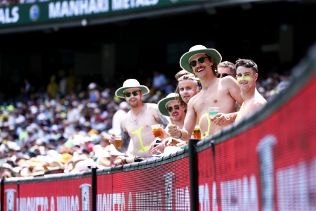 MELBOURNE, AUSTRALIA - DECEMBER 26: Topless Cricket fans pose for a photo during the Boxing Day Test Match between Australia and South Africa at The Melbourne Cricket Ground on December 26, 2022 in Melbourne, Australia. (Photo by Dave Hewison/Speed Media/Icon Sportswire)