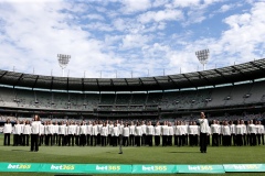 MELBOURNE, AUSTRALIA - DECEMBER 26: Qantas singers perform "I still call Australia Home" before the Boxing Day Test Match between Australia and South Africa at The Melbourne Cricket Ground on December 26, 2022 in Melbourne, Australia. (Photo by Dave Hewison/Speed Media/Icon Sportswire)