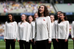 MELBOURNE, AUSTRALIA - DECEMBER 26: Qantas singers perform "I still call Australia Home" before the Boxing Day Test Match between Australia and South Africa at The Melbourne Cricket Ground on December 26, 2022 in Melbourne, Australia. (Photo by Dave Hewison/Speed Media/Icon Sportswire)