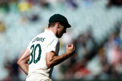 MELBOURNE, AUSTRALIA - DECEMBER 26: Pat Cummins (c) of Australia catches Marco Jansen of South Africa out during the Boxing Day Test Match between Australia and South Africa at The Melbourne Cricket Ground on December 26, 2022 in Melbourne, Australia. (Photo by Dave Hewison/Speed Media/Icon Sportswire)
