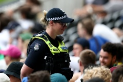 MELBOURNE, AUSTRALIA - DECEMBER 28: Police are seen patrolling Bay 13 during the Boxing Day Test Match between Australia and South Africa at The Melbourne Cricket Ground on December 27, 2022 in Melbourne, Australia. (Photo by Dave Hewison/Speed Media/Icon Sportswire)