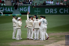 MELBOURNE, AUSTRALIA - DECEMBER 29: After a DRS review, Mitchell Starc of Australia celebrates bowling Sarel Erwee of South Africa LBW during the Boxing Day Test Match between Australia and South Africa at The Melbourne Cricket Ground on December 29, 2022 in Melbourne, Australia. (Photo by Dave Hewison/Speed Media/Icon Sportswire)
