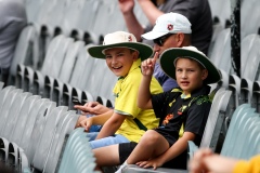 MELBOURNE, AUSTRALIA - DECEMBER 29: Young Cricket fans pose for the camera during the Boxing Day Test Match between Australia and South Africa at The Melbourne Cricket Ground on December 29, 2022 in Melbourne, Australia. (Photo by Dave Hewison/Speed Media/Icon Sportswire)