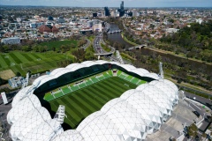 An aerial view of the Melbourne Rectangular Stadium (AAMI Park) looking South East along the Yarra River in Melbourne, Australia.