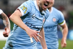 MELBOURNE, AUSTRALIA - MAY 22: Craig Noone of Melbourne City celebrates after kicking what would turn out to be the match winning goal during the Hyundai A-League soccer match between Melbourne City FC and Central Coast Mariners on May 22, 2021 at AAMI Park in Melbourne, Australia. (Photo by Speed Media/Icon Sportswire)