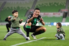 MELBOURNE, AUSTRALIA - APRIL 26: Tomoki Imai of Western United poses with his children during the Hyundai A-League soccer match between Western United FC and Newcastle Jets on April, 26, 2021 at AAMI Park in Melbourne, Australia. (Photo by Speed Media/Icon Sportswire)