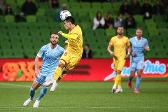 MELBOURNE, AUSTRALIA - MAY 13: Joe Caletti of Adelaide United heads the ball during the Hyundai A-League soccer match between Melbourne City FC and Adelaide United on May 13, 2021 at AAMI Park in Melbourne, Australia. (Photo by Speed Media/Icon Sportswire)