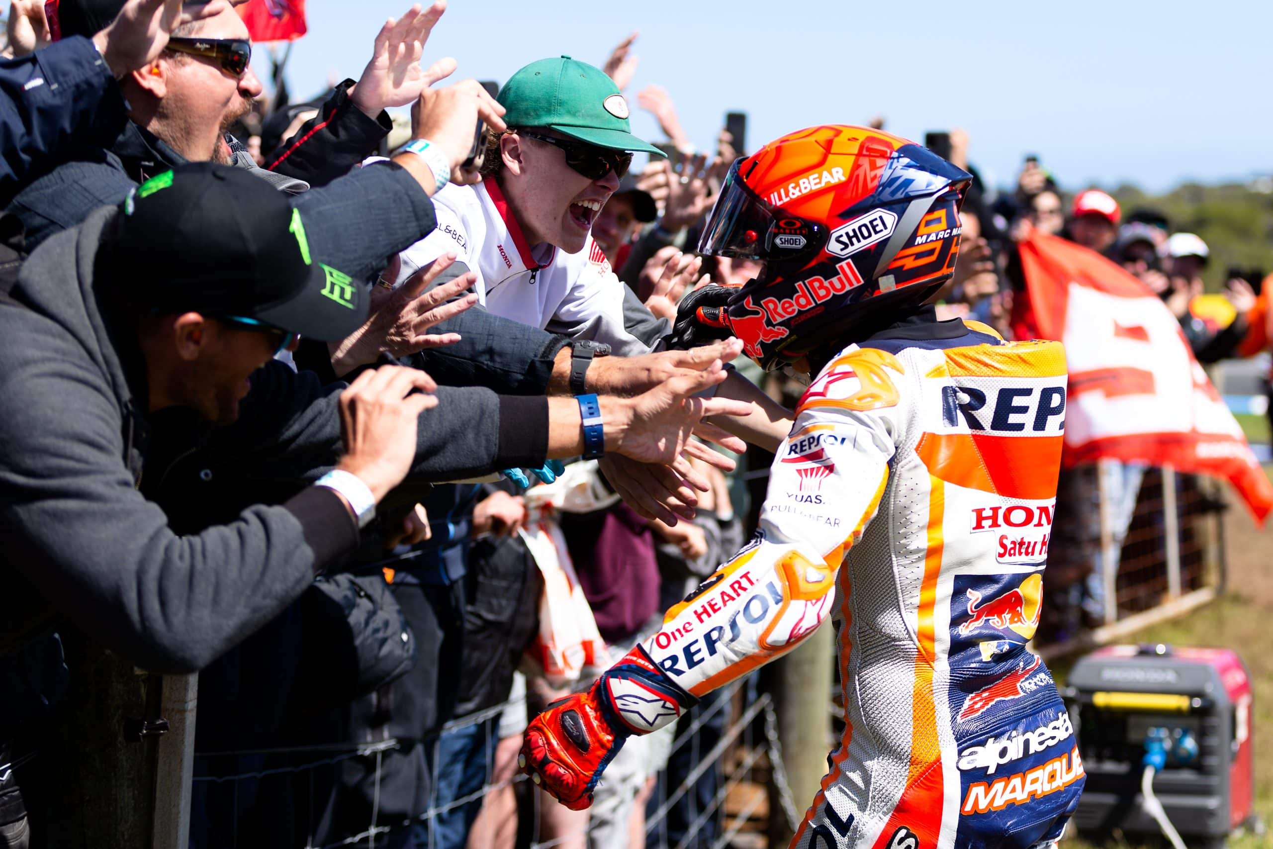 PHILLIP ISLAND, AUSTRALIA - OCTOBER 16: Marc Marquez of Spain on the Repsol Honda Team Honda celebrates with his fans during the MotoGP race at The 2022 Australian MotoGP at The Phillip Island Circuit on October 16, 2022 in Phillip Island, Australia. (Photo by Dave Hewison/Speed Media/Icon Sportswire)